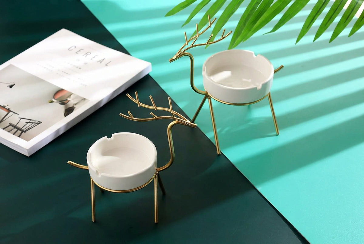 Deer Style Ceramic Ashtray With Golden Metal Stand