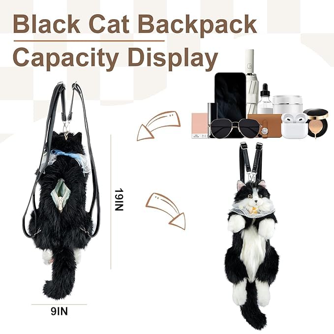 Kitty Black Furry Backpack and Shoulder Bag