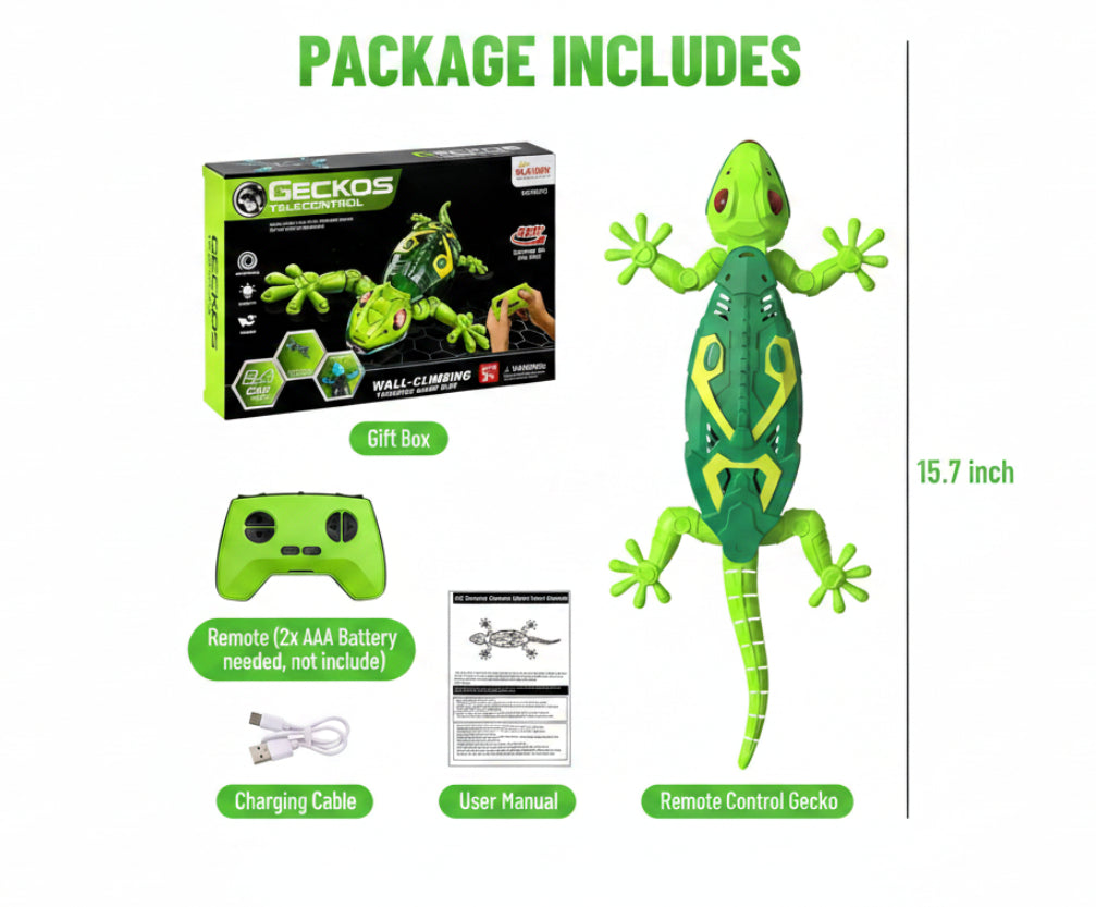 RC Gecko Crawling Lizard along Walls and Ceilings with Luminous LED Eyes, Remote Control, Realistic Movements 4+ years