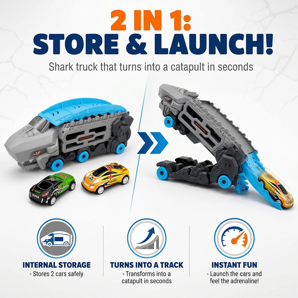 Shark Catapult Car Launcher Toy for Boys and Girls Children's Gift 3 Years Old with Track and 2 Metal Cars