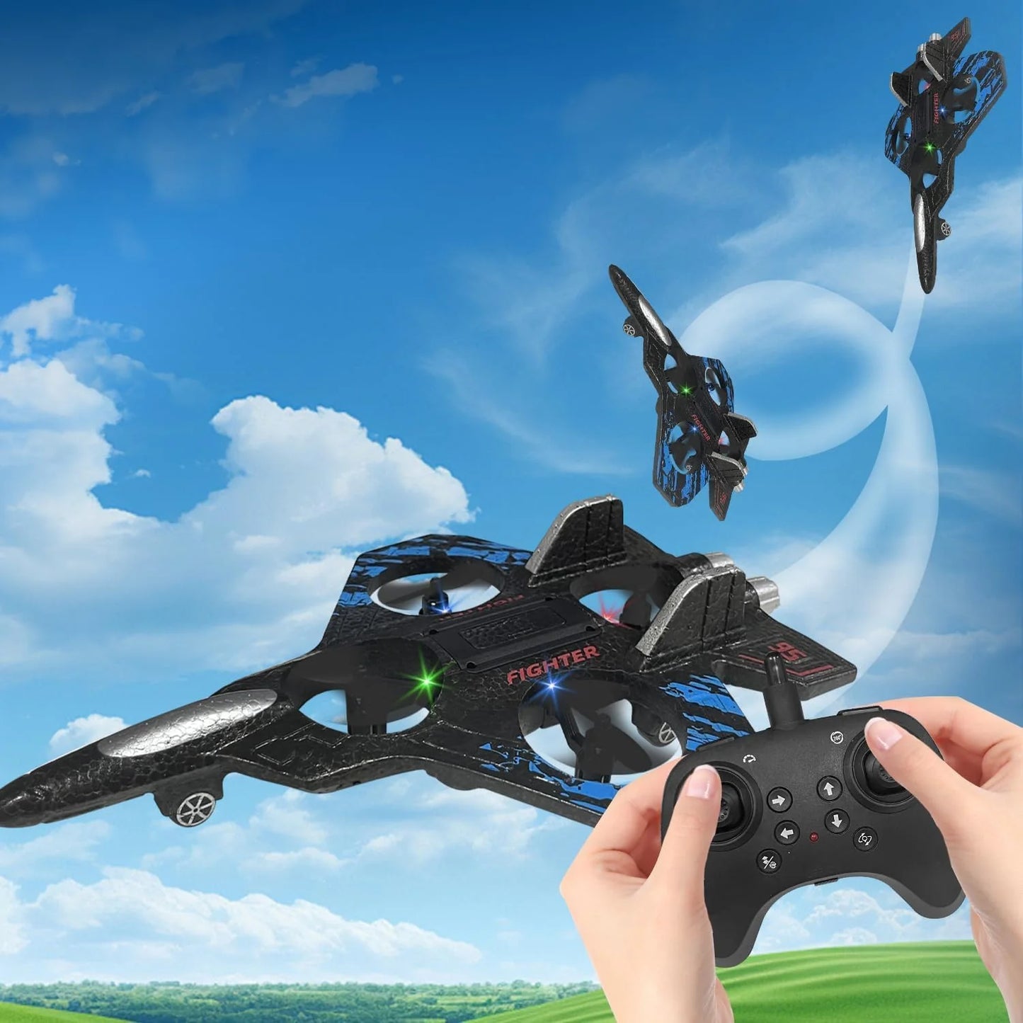 RC Airplane/Jet with Lights 2.4 GHZ | Beginner Remote-Control Jet Plane for Kids & Adults | One-Key Takeoff, Rechargeable Battery, Stunt Mode, Indoor/Outdoor Toy