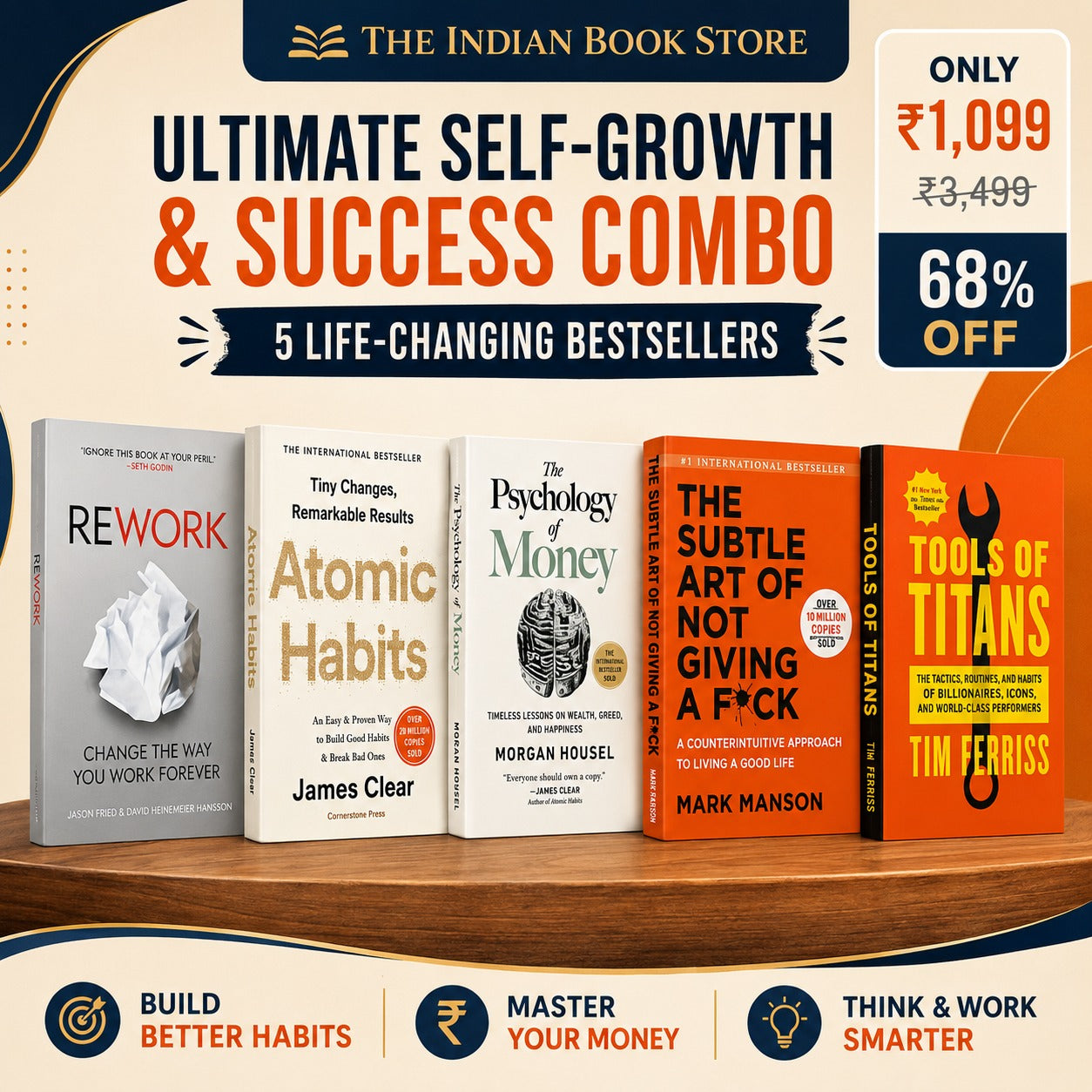 Ultimate Self- Growth & Success Combo (Rework, Atomic Habits, The Psychology of Money, The Subtle Art of Not Giving a F*ck And Tools of Titans) Paperback