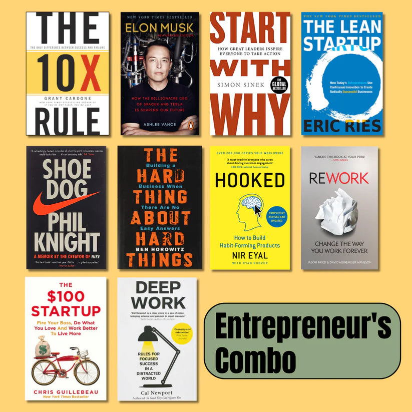 Entrepreneur's Combo of 10 Books (Paperback) - 10X Rule+ElonMusk+StartWithWhy+LeanStartup+ShoeDog+HardThings+Hooked+Rework+$100Startup+DeepWork