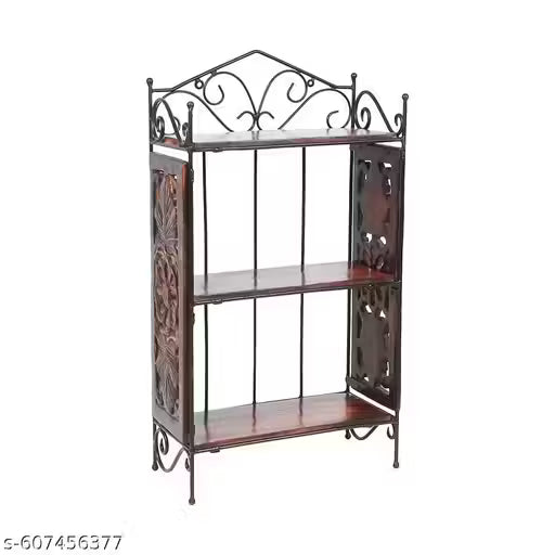 Wooden Wall Shelf with Wrought Iron Frame – 3-Tier Wall-Mounted Rack, Decorative Carved Side Panels