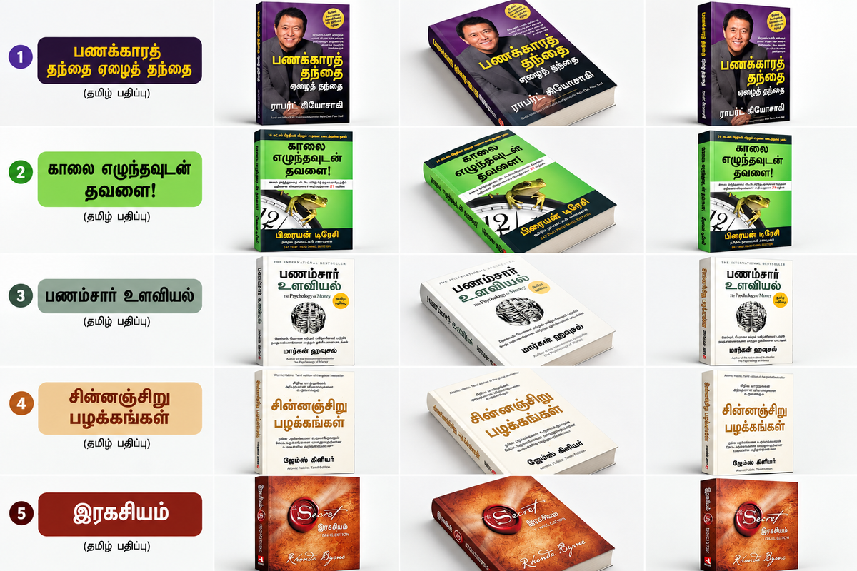 பணக்காரத் தந்தை ஏழைத் தந்தை - Rich Dad Poor Dad , காலை எழுந்தவுடன் தவளை! - Eat That Frog! , பணம்சார் உளவியல் - The Psychology of Money , சின்னஞ்சிறு பழக்கங்கள் - Atomic Habits , இரகசியம் - The Secret