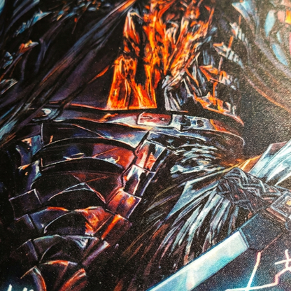 Dark fantasy anime warrior wall tapestry in modern gaming room