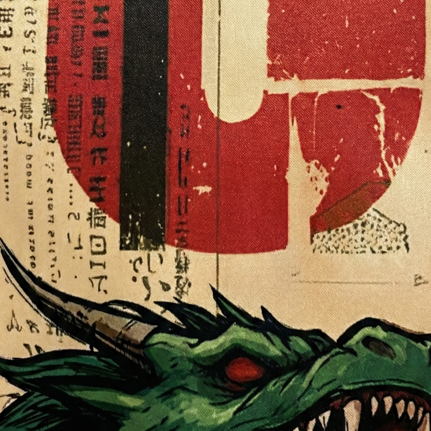 Anime swordsman wall tapestry with multi-headed dragon design in a green-themed gaming room