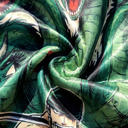 Anime swordsman wall tapestry with multi-headed dragon design in a green-themed gaming room