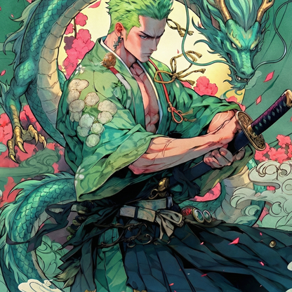 Anime-style green-haired swordsman holding a katana with a dragon backdrop wall tapestry