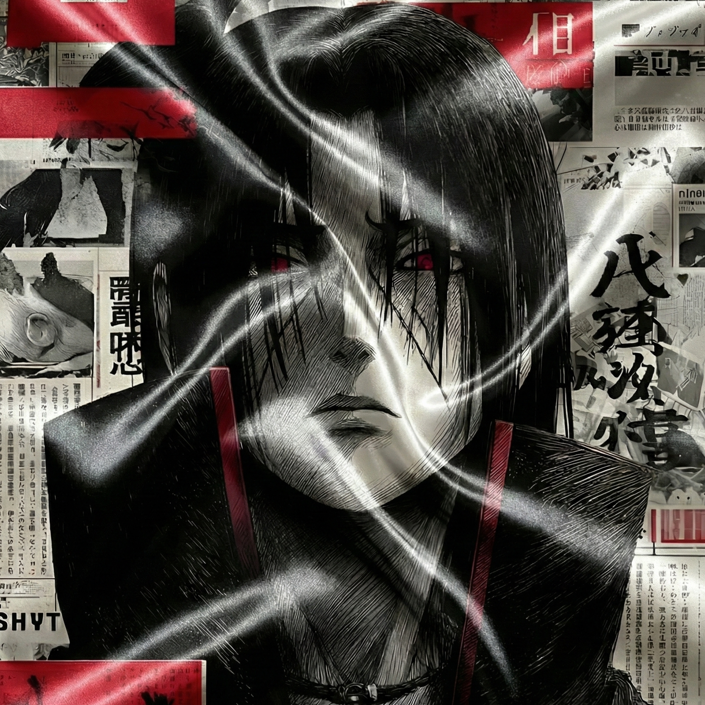 Itachi Uchiha | Dark anime red-eyed ninja wall tapestry black and red theme