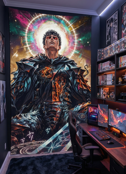 Dark fantasy anime warrior wall tapestry in modern gaming room
