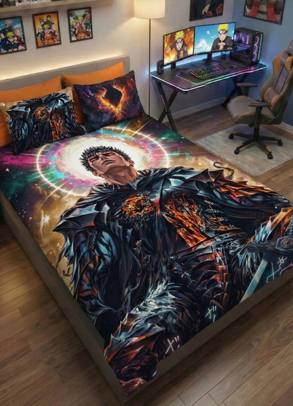 Dark fantasy anime warrior wall tapestry in modern gaming room