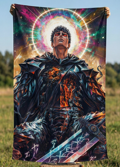 Dark fantasy anime warrior wall tapestry in modern gaming room