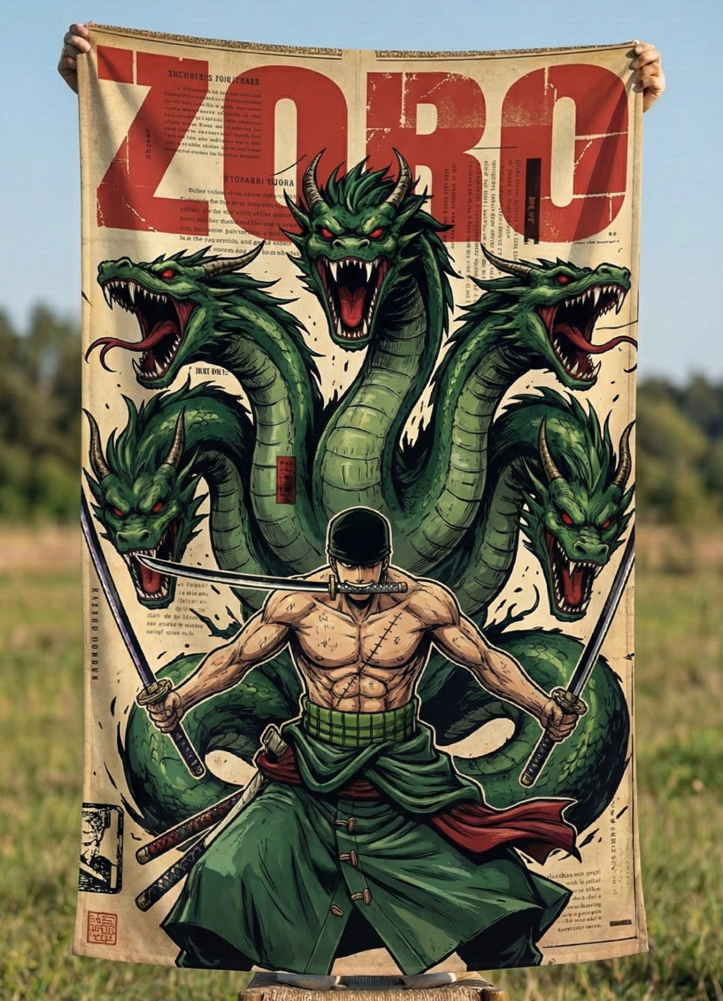 Anime swordsman wall tapestry with multi-headed dragon design in a green-themed gaming room