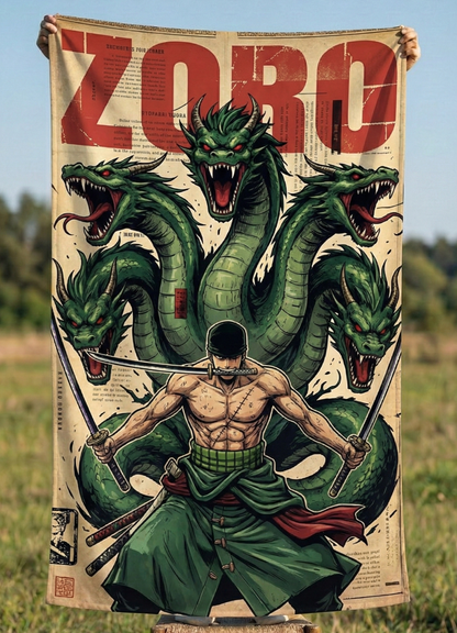 Anime swordsman wall tapestry with multi-headed dragon design in a green-themed gaming room