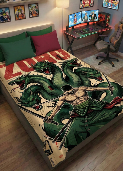 Anime swordsman wall tapestry with multi-headed dragon design in a green-themed gaming room