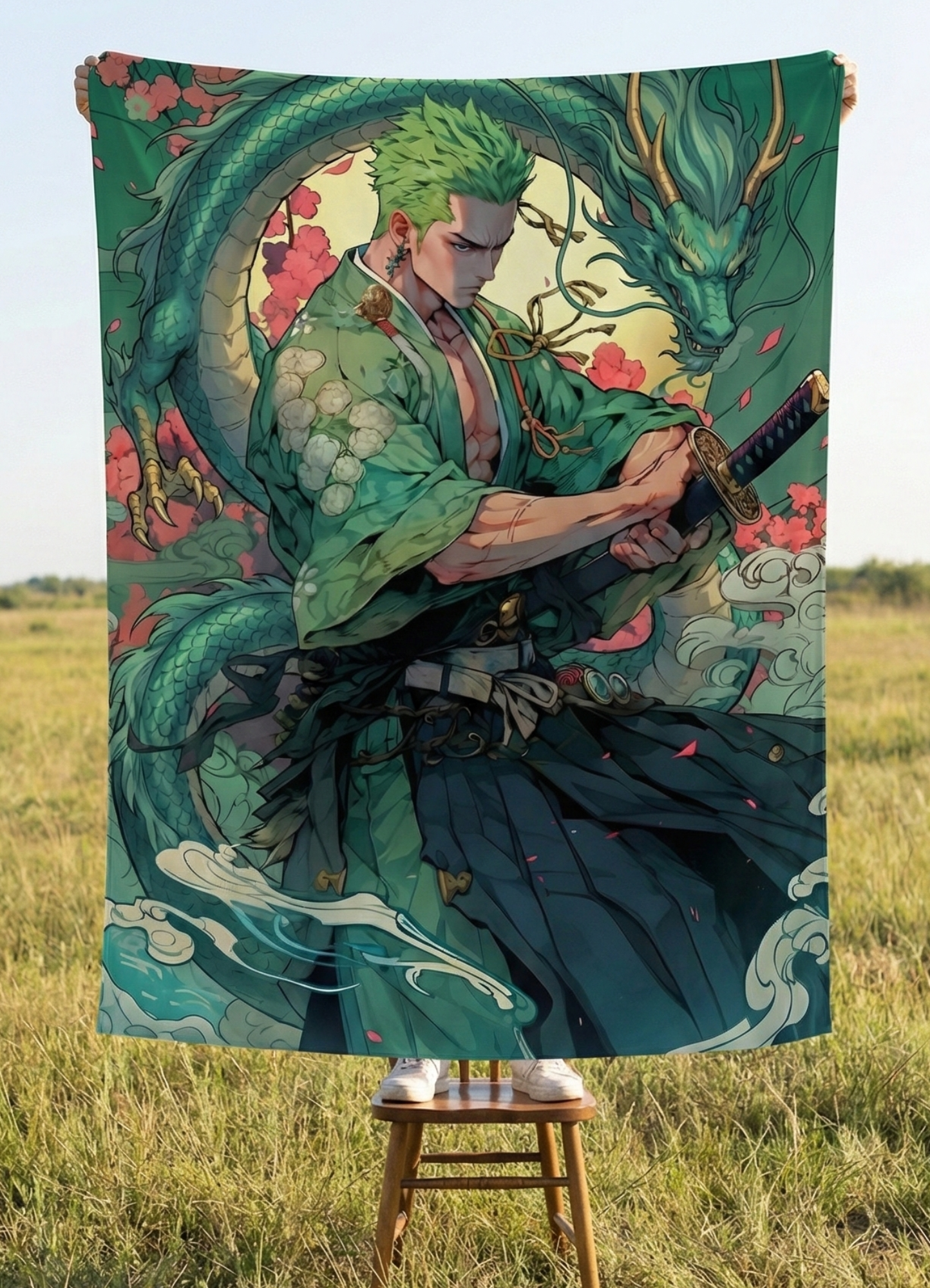 Anime-style green-haired swordsman holding a katana with a dragon backdrop wall tapestry