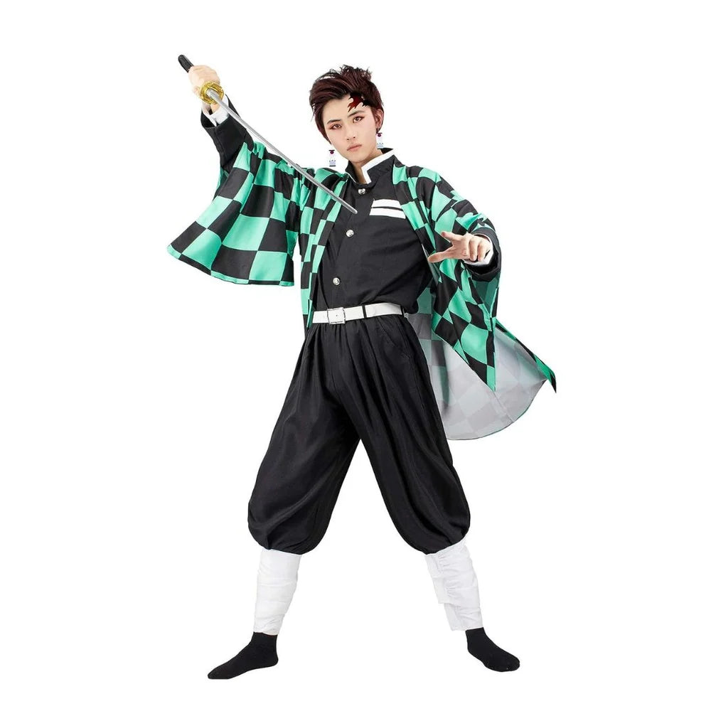 Demon Slayer Tanjiro Cosplay Full Set | Kimono Cloak with Black Suit and Belt