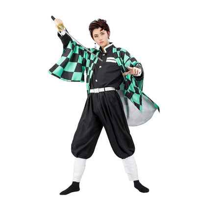 Demon Slayer Tanjiro Cosplay Full Set | Kimono Cloak with Black Suit and Belt