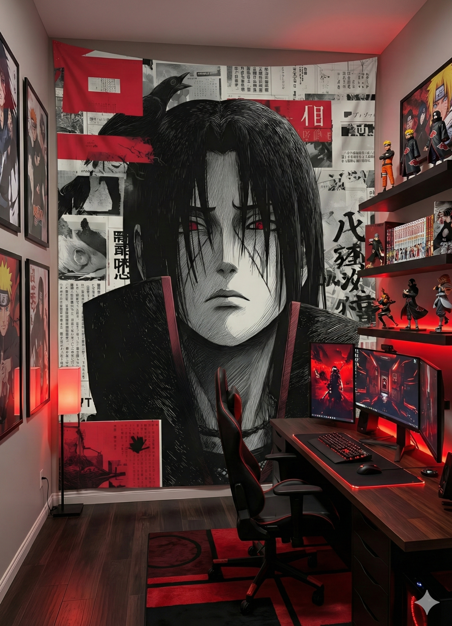 Itachi Uchiha | Dark anime red-eyed ninja wall tapestry black and red theme