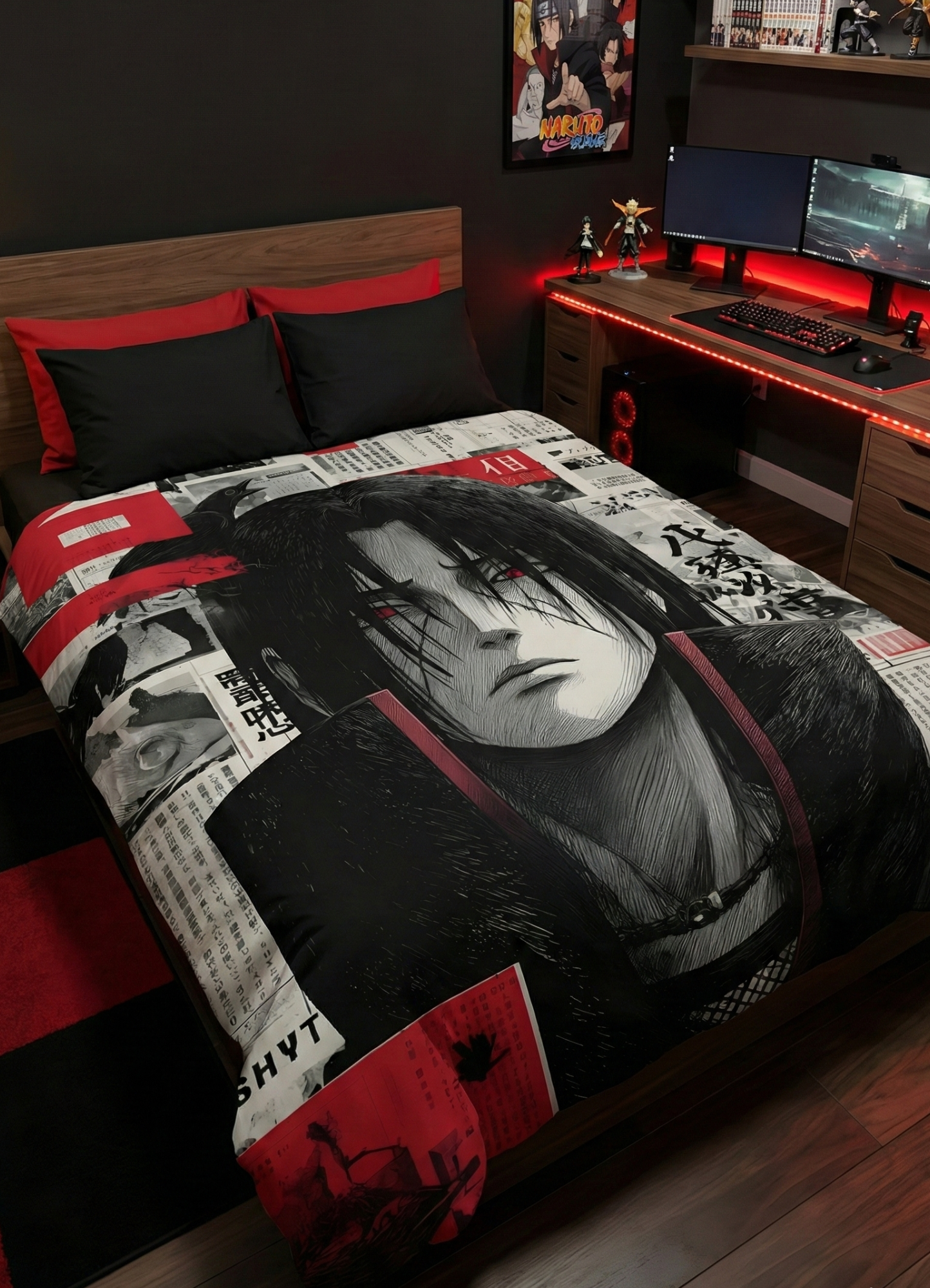 Itachi Uchiha | Dark anime red-eyed ninja wall tapestry black and red theme