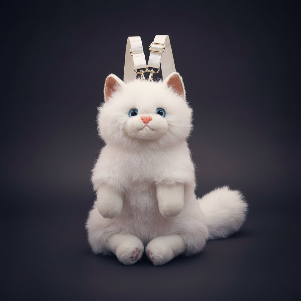 White Kitty Soft Faux Fur Backpack and Shoulder Bag with Adjustable Straps