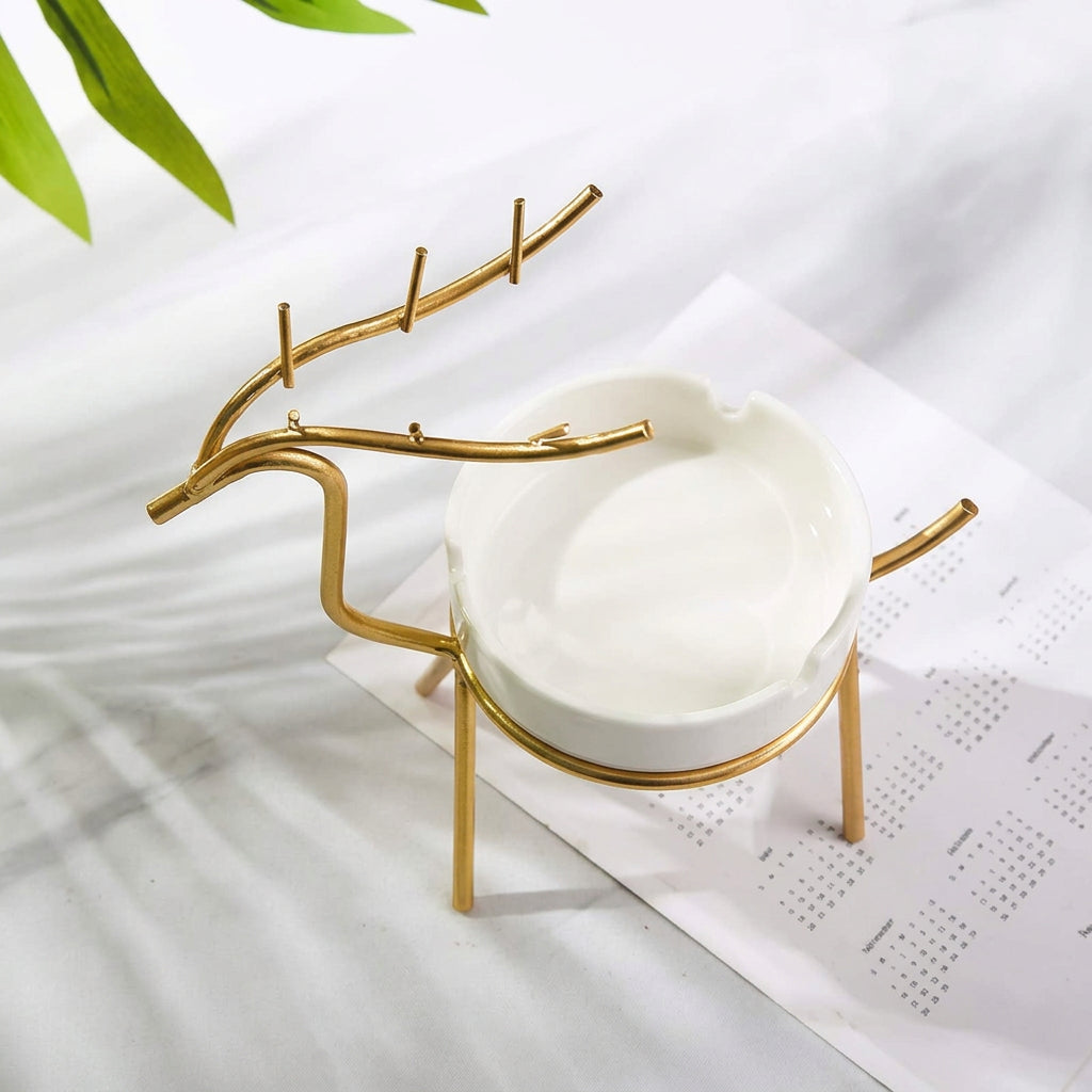 Deer Style Ceramic Ashtray With Golden Metal Stand