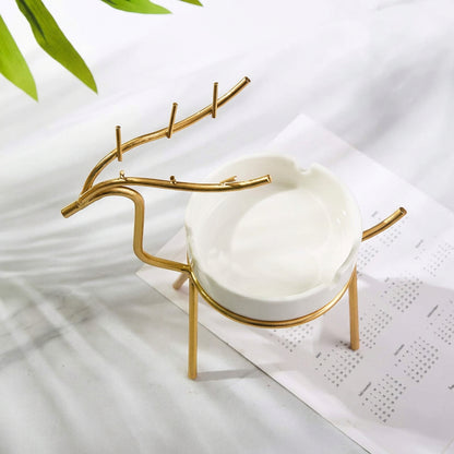 Deer Style Ceramic Ashtray With Golden Metal Stand