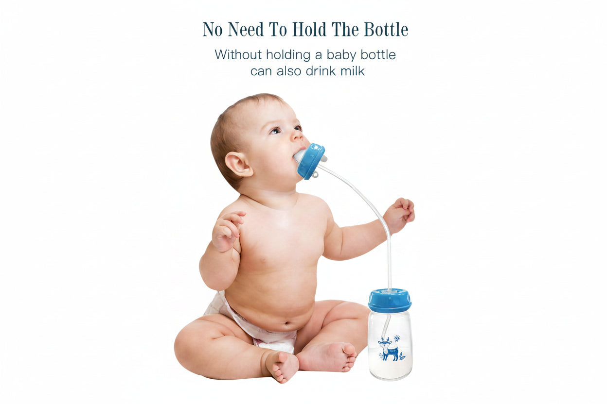 Hands-Free Anti-Colic Milk Feeding Bottle, 240ml Silicone Adjustable Leakproof Baby Milk Bottle with Straw and Fast Flow Nipple