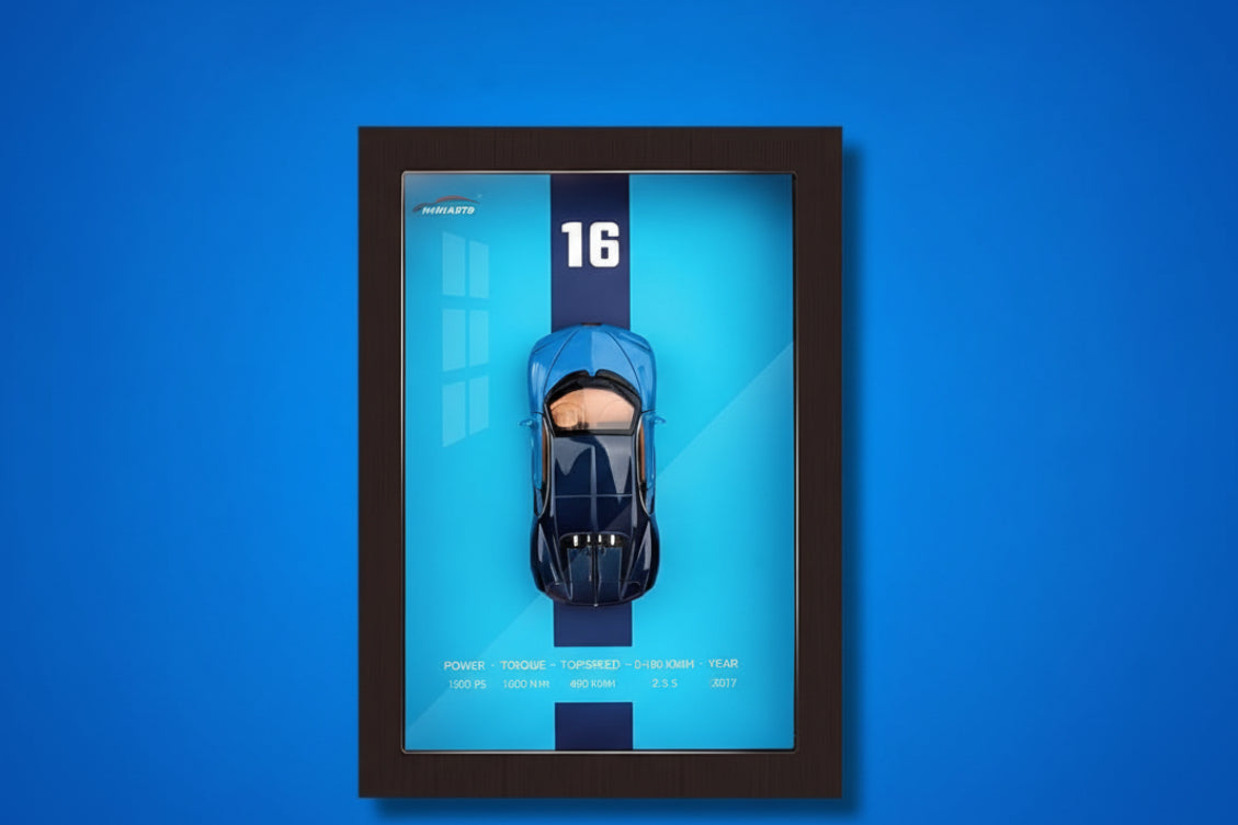 Premium Wooden Blue 3D Car Frame Wall Decor Diecast Metal Car Interactive Wall Decor with Openable Doors, Pull Back Display Car