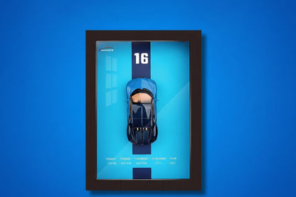 Premium Wooden Blue 3D Car Frame Wall Decor Diecast Metal Car Interactive Wall Decor with Openable Doors, Pull Back Display Car