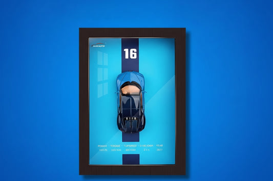 Premium Wooden Blue 3D Car Frame Wall Decor Diecast Metal Car Interactive Wall Decor with Openable Doors, Pull Back Display Car