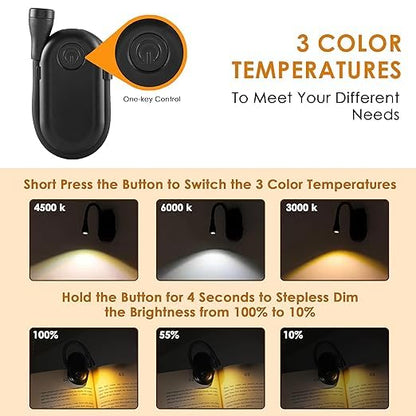 Plastic Mini Clip Reading LED Study Lamp with Special Folding Feature for Students, Clip-On Reading Light, USB Rechargeable, 3 Modes, Eye-Caring Night Light (Black)