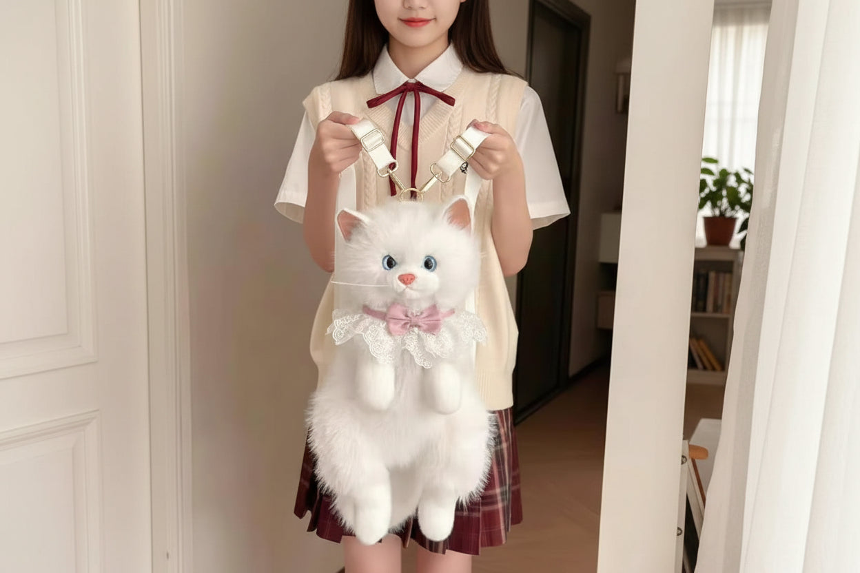 White Kitty Soft Faux Fur Backpack and Shoulder Bag with Adjustable Straps