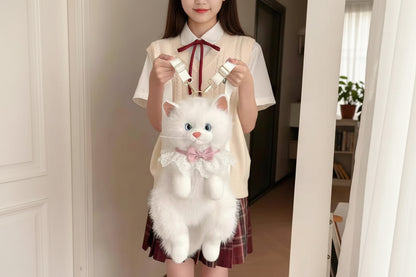 White Kitty Soft Faux Fur Backpack and Shoulder Bag with Adjustable Straps