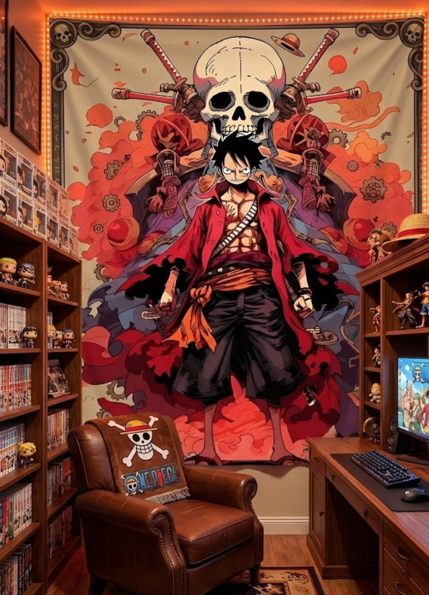 Monkey D. Luffy Skull Emblem – One Piece Style Wall Tapestry Home Bedroom Living Room (Multicolor)