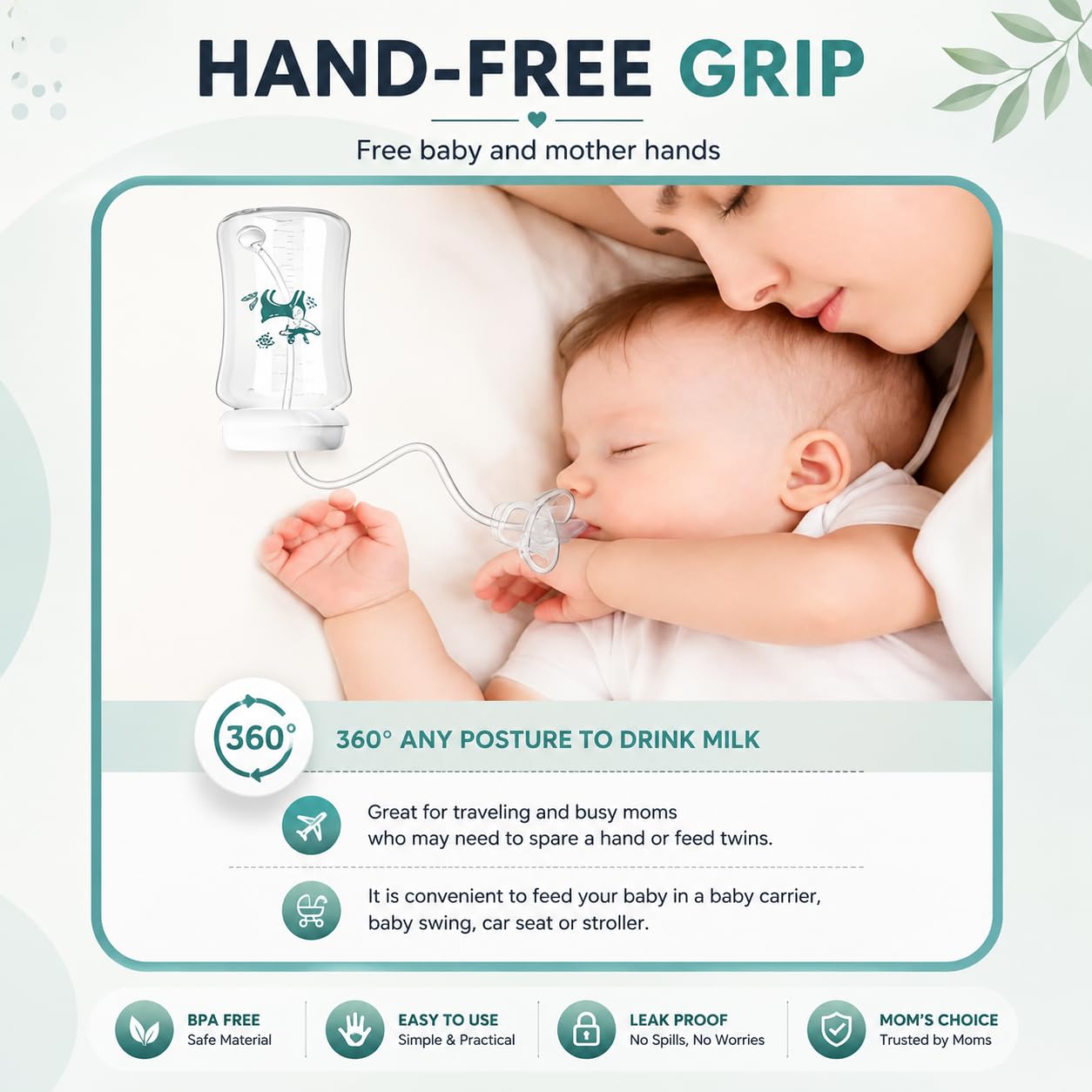 Hands-Free Anti-Colic Milk Feeding Bottle, 240ml Silicone Adjustable Leakproof Baby Milk Bottle with Straw and Fast Flow Nipple