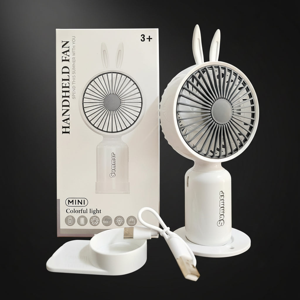 Mini Portable Handheld Fan with Base come with 2 Speed Mod 7 Different Light Use For Office/Market/Travel 1hr Bettery Backup