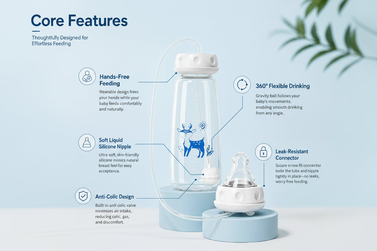 Hands-Free Anti-Colic Milk Feeding Bottle, 240ml Silicone Adjustable Leakproof Baby Milk Bottle with Straw and Fast Flow Nipple
