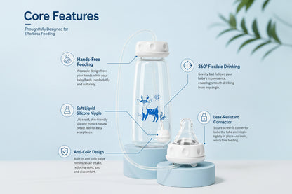 Hands-Free Anti-Colic Milk Feeding Bottle, 240ml Silicone Adjustable Leakproof Baby Milk Bottle with Straw and Fast Flow Nipple