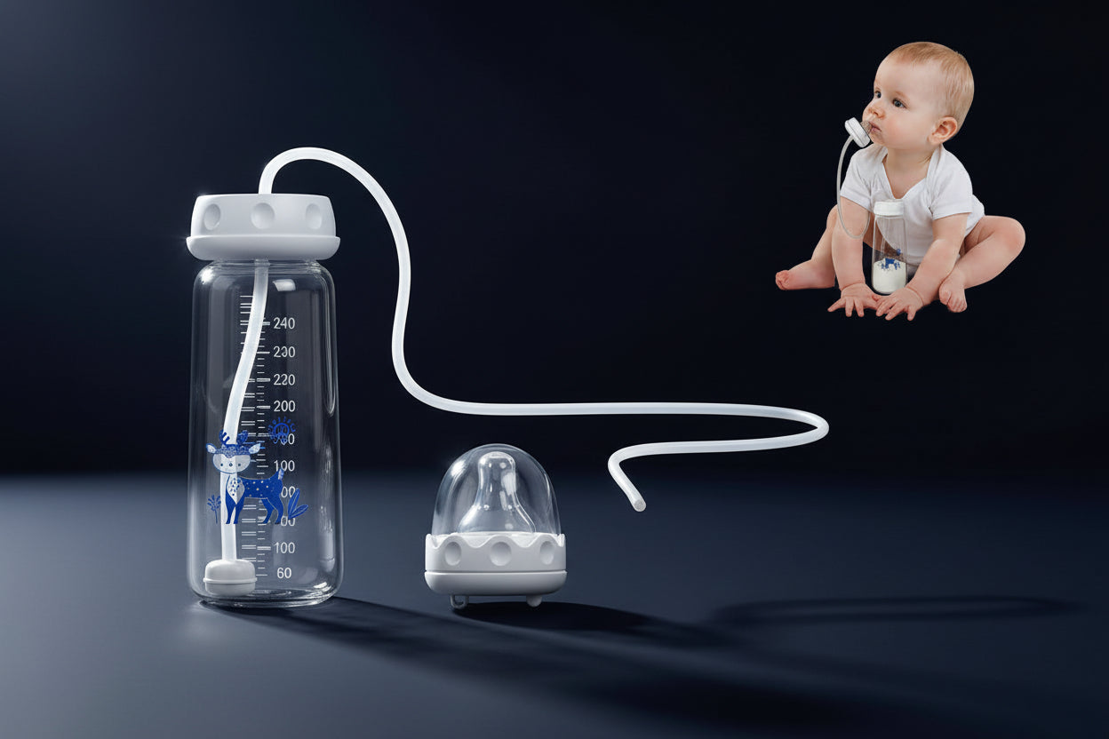 Hands-Free Anti-Colic Milk Feeding Bottle, 240ml Silicone Adjustable Leakproof Baby Milk Bottle with Straw and Fast Flow Nipple