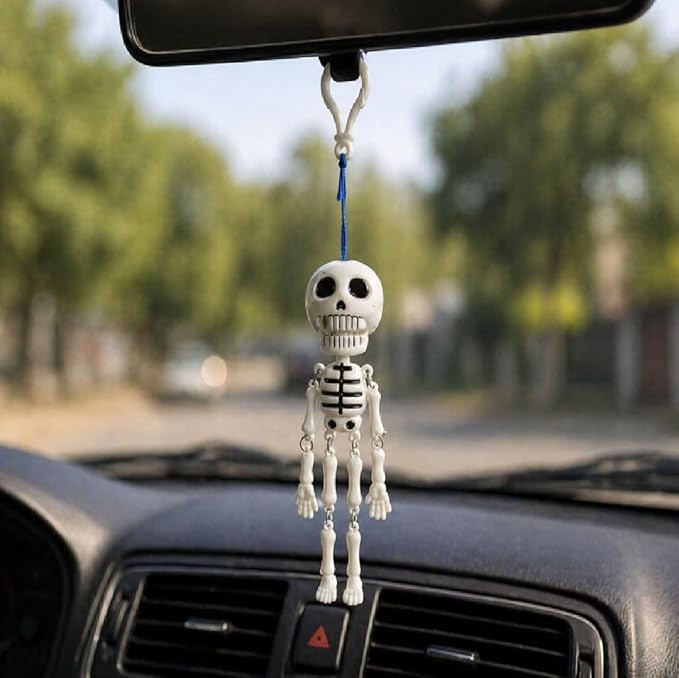 Funny Moving Mouth Skeleton Keychain | Pull String Talking Skull Doll Key Ring, Hanging Car Rear View Mirror Charm
