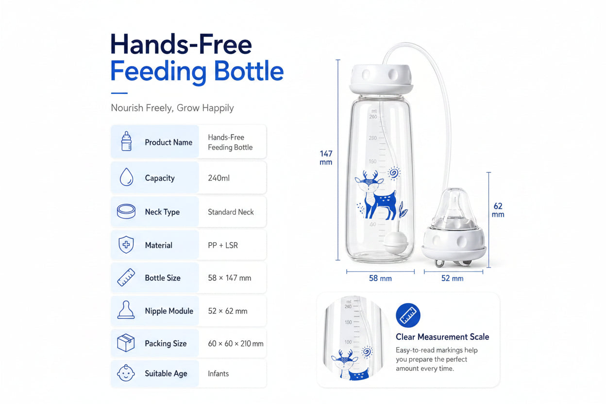 Hands-Free Anti-Colic Milk Feeding Bottle, 240ml Silicone Adjustable Leakproof Baby Milk Bottle with Straw and Fast Flow Nipple