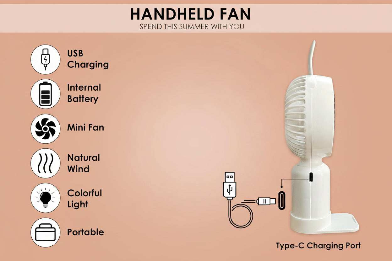 Mini Portable Handheld Fan with Base come with 2 Speed Mod 7 Different Light Use For Office/Market/Travel 1hr Bettery Backup