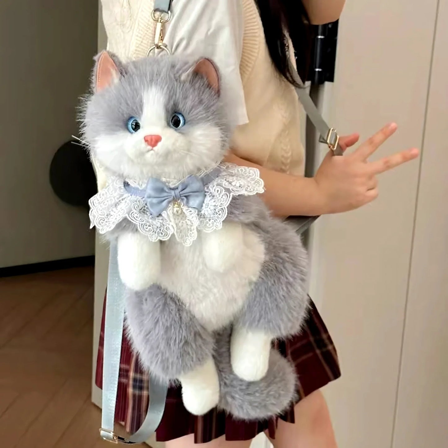 Cute Kitty Grey Furry Backpack and Shoulder Bag
