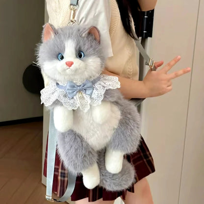 Cute Kitty Grey Furry Backpack and Shoulder Bag