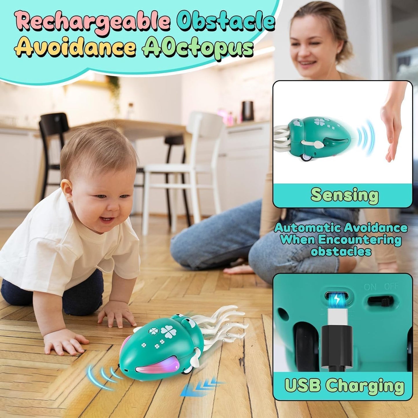 Dancing Octopus Electric Toy with Led Light and Music Playful Automatic Evasion Crawling Dancing Octopus with Fishing Rod Smart Tentacle Explorer Dancing Squid Toy Baby Toys