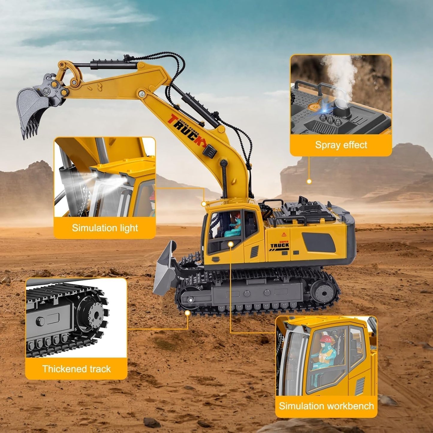RC Metal Excavator, 13-channel with metal shovel, Smoke, Sound & Lights & 680° Rotation Vehicle for Boys & Adults