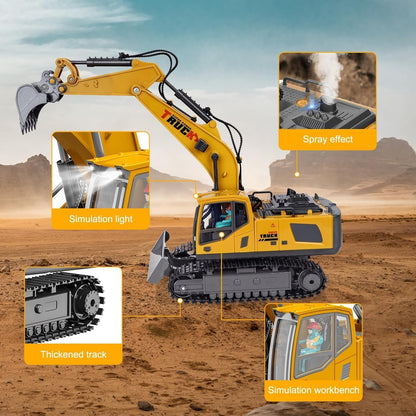RC Metal Excavator, 13-channel with metal shovel, Smoke, Sound & Lights & 680° Rotation Vehicle for Boys & Adults