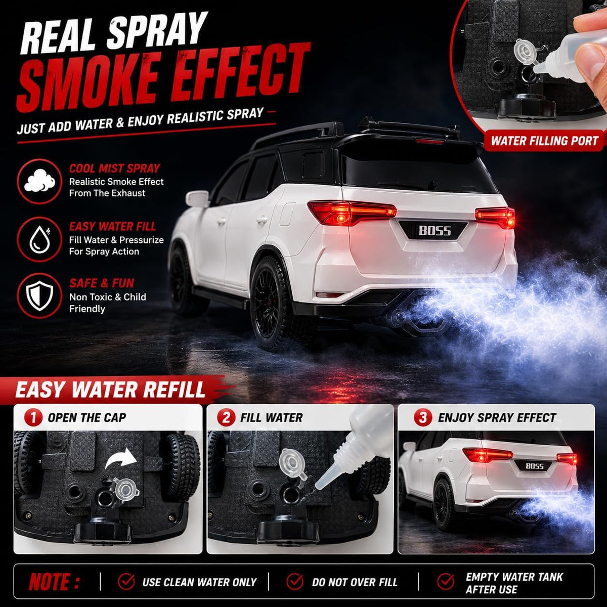 SUV RC VIP Legender with Smoke 1:18 Scale, Rechargeable Remote Control Car with LED Lights Music, USB Charging, 2.4GHz Controller, Toy Car for Kids